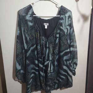 Dress Barn Teal and Black Animal Print Ruffled Blouse